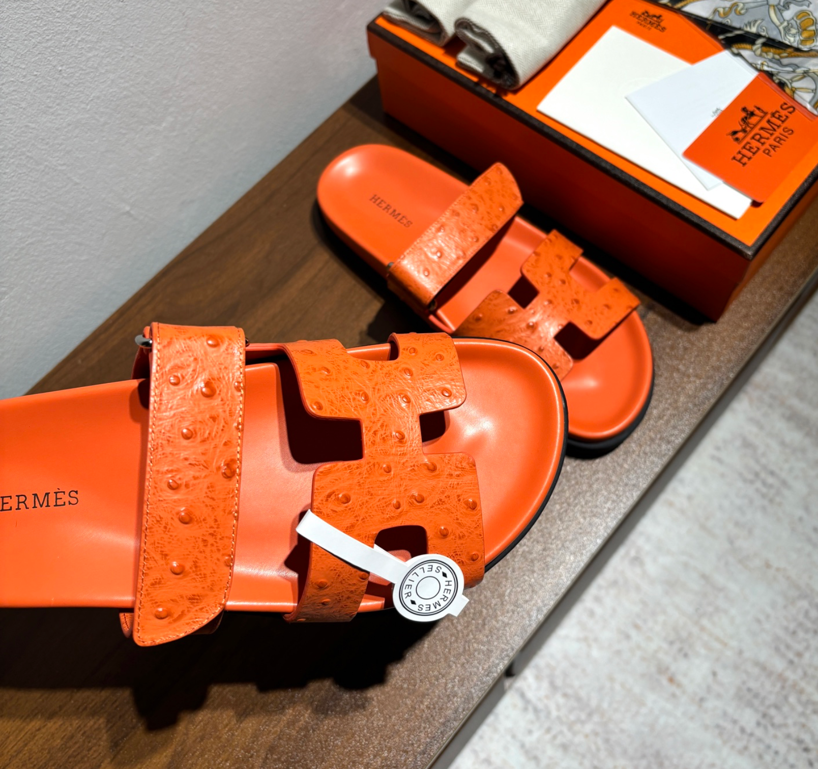 Hermès Chypre Orange Ostrich Leather Sandal
