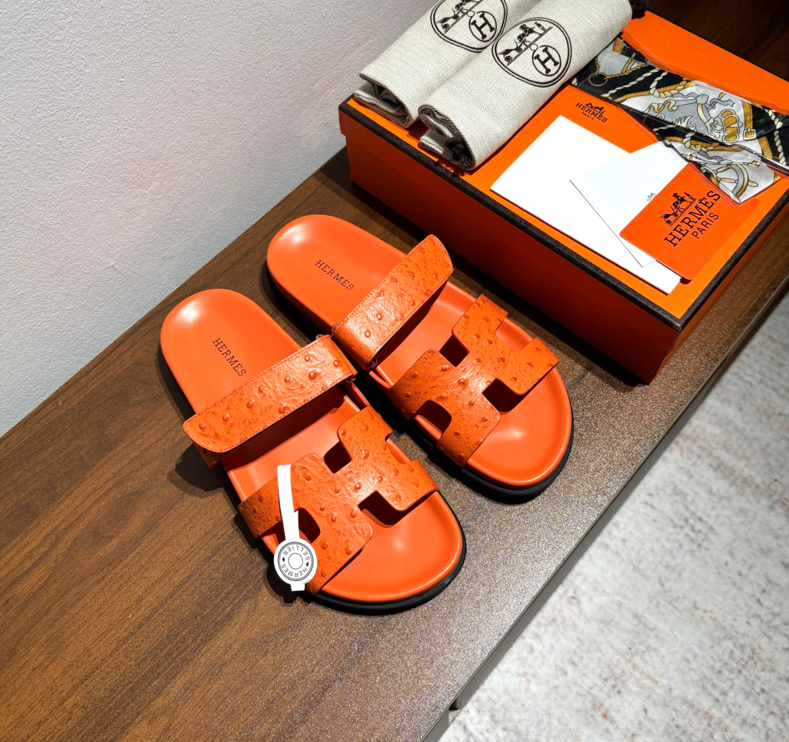Hermès Chypre Orange Ostrich Leather Sandal