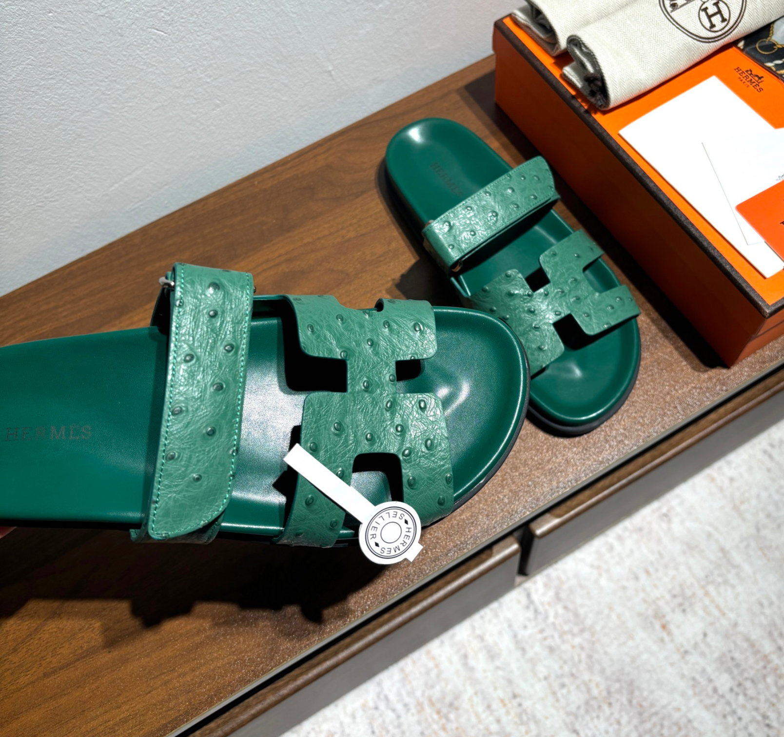 Hermès Chypre Green Ostrich Leather Sandal