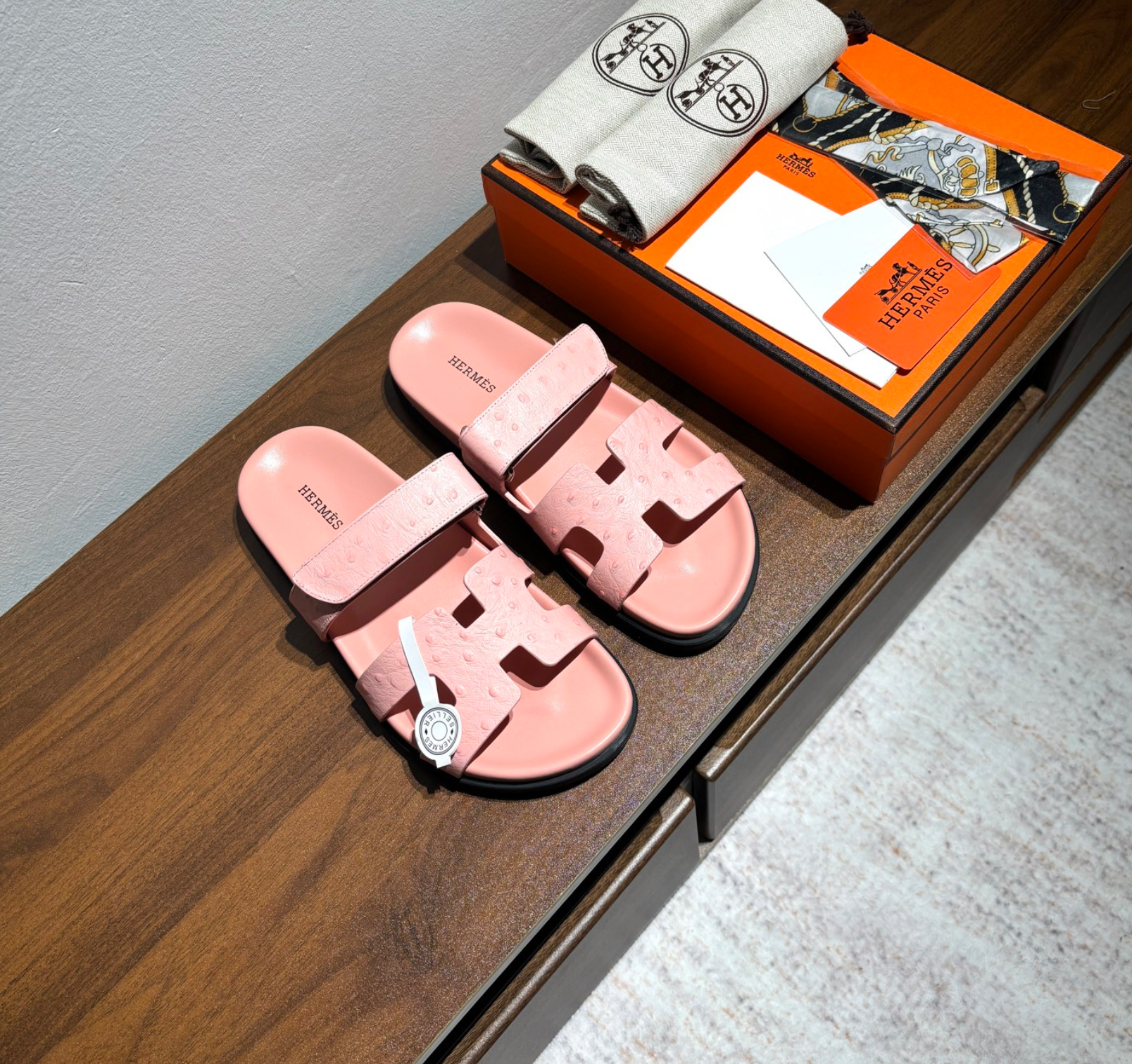 Hermès Chypre Pink Ostrich Leather Sandal