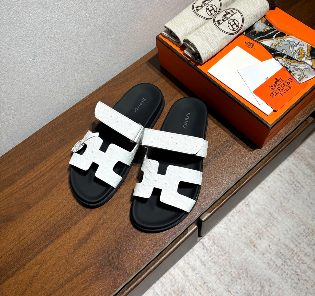 Hermès Chypre White Ostrich Leather Sandal