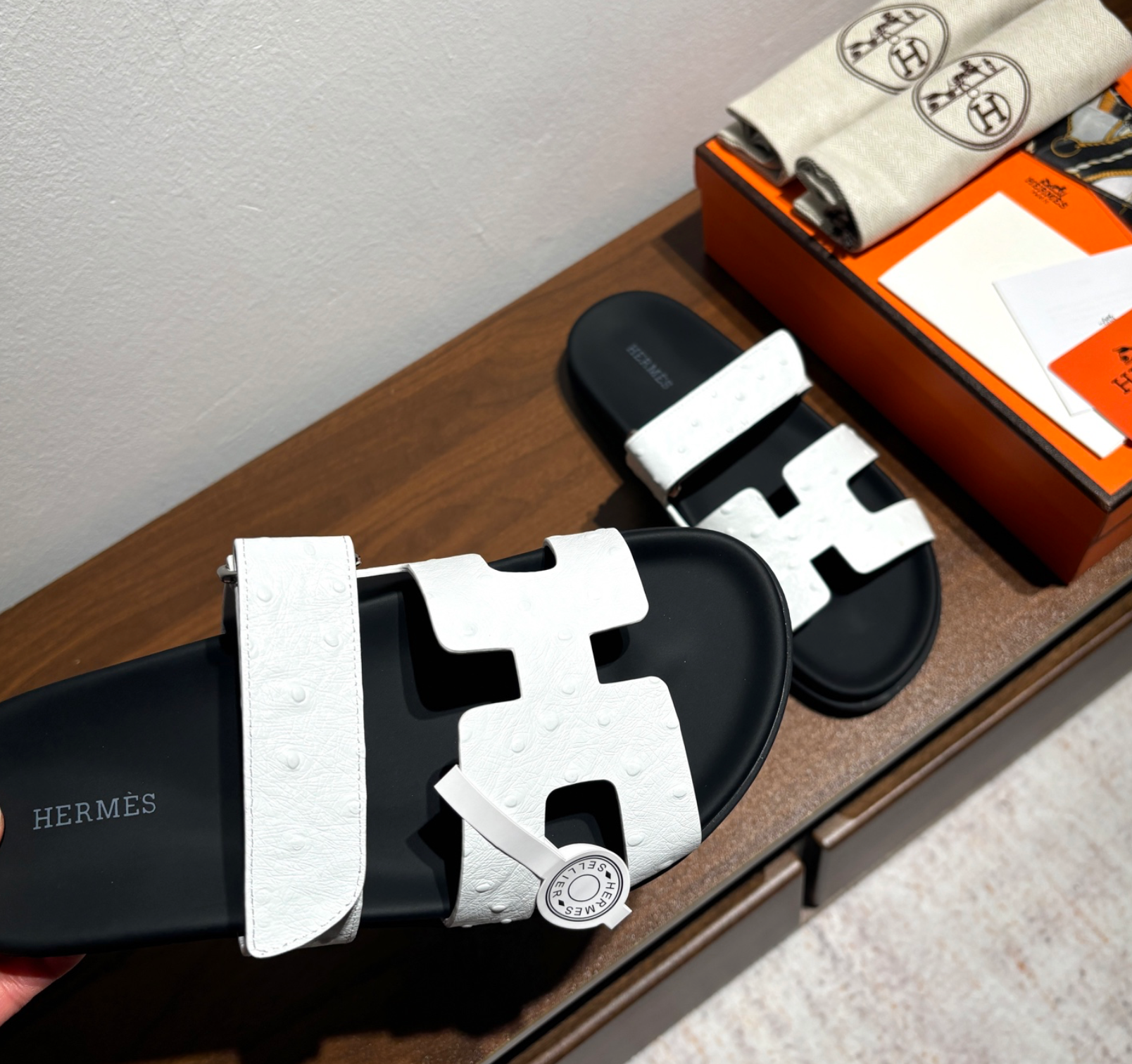 Hermès Chypre White Ostrich Leather Sandal