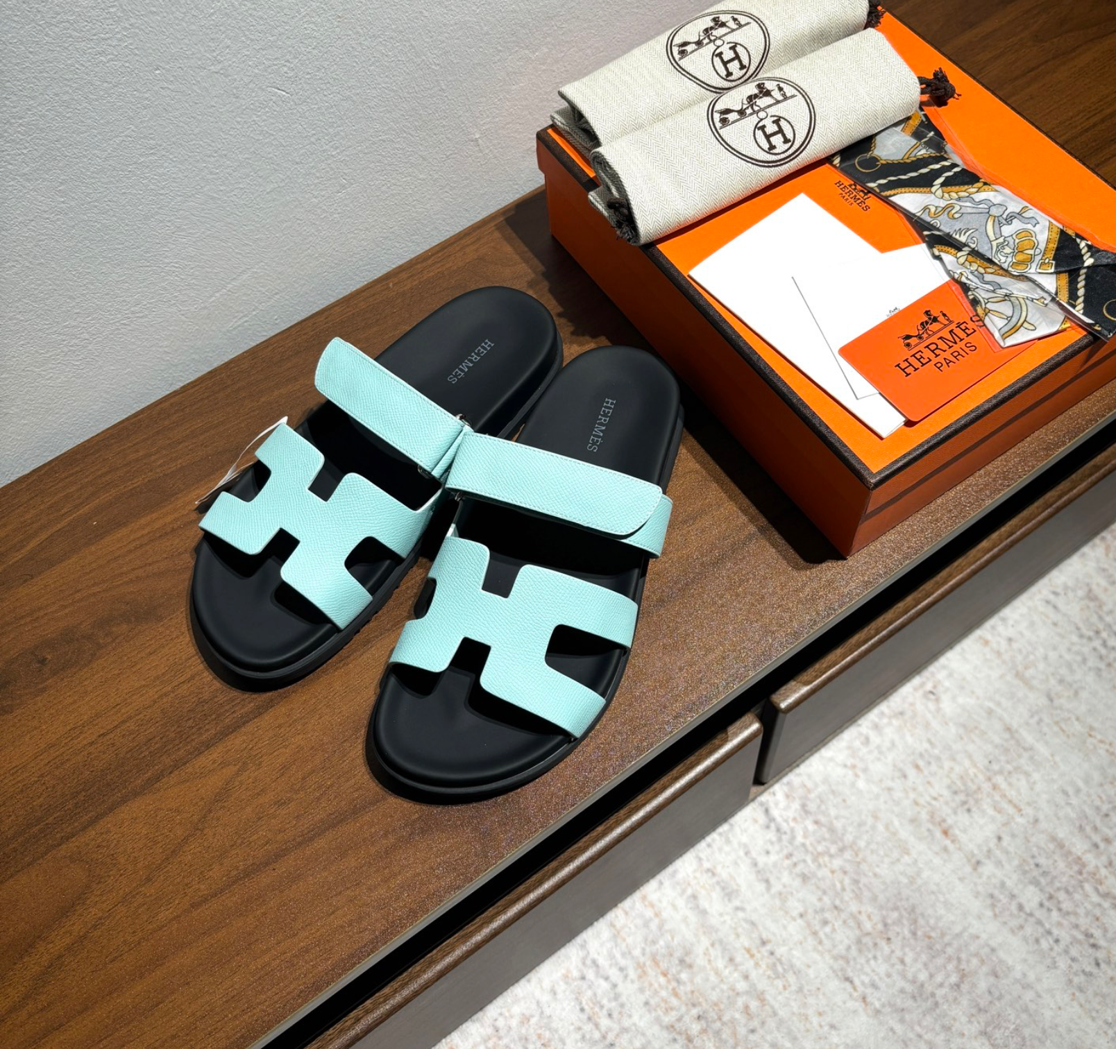 Hermès Chypre Leather Light Blue Sandal