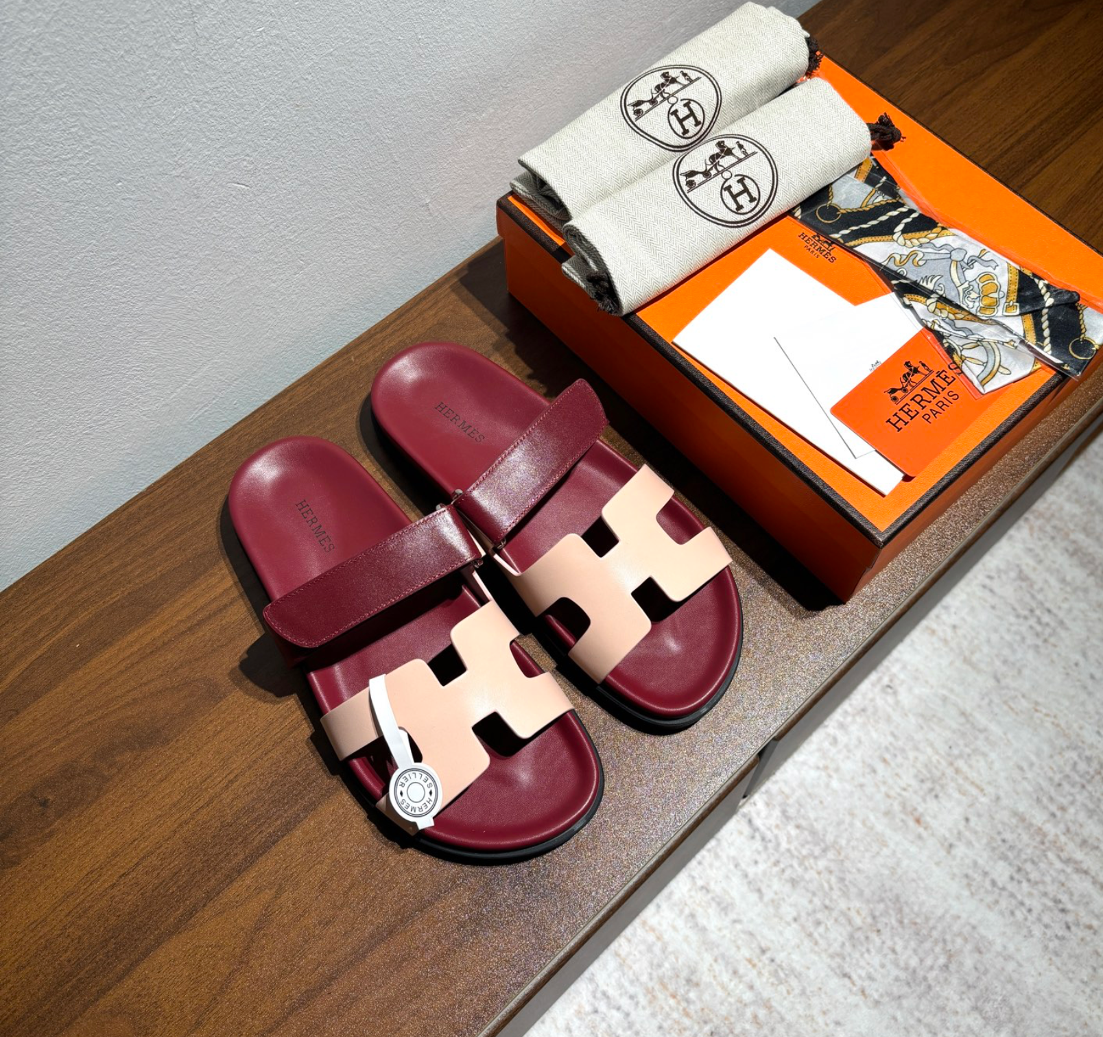 Hermès Chypre Leather Maroon/Beige Sandal