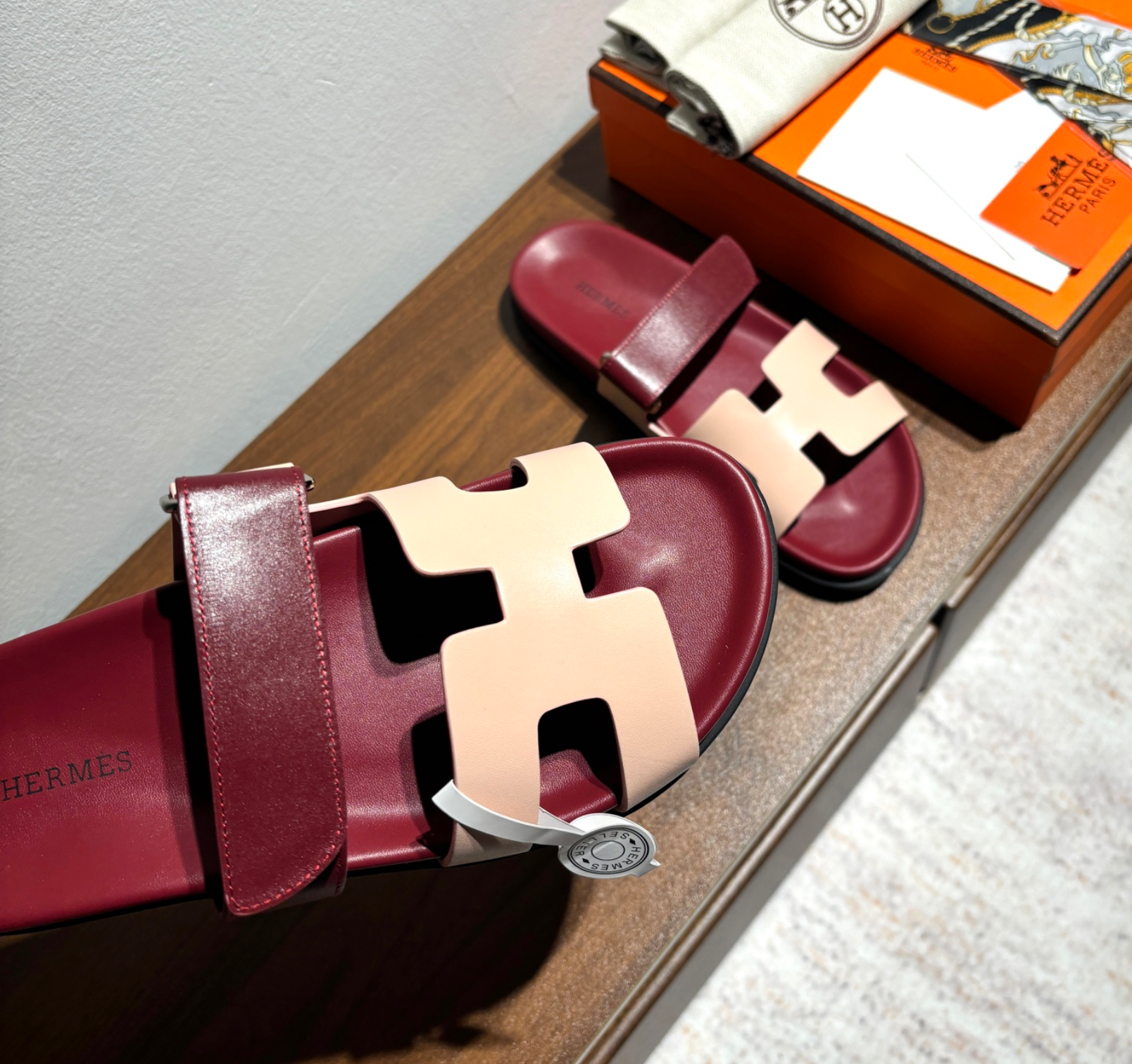 Hermès Chypre Leather Maroon/Beige Sandal