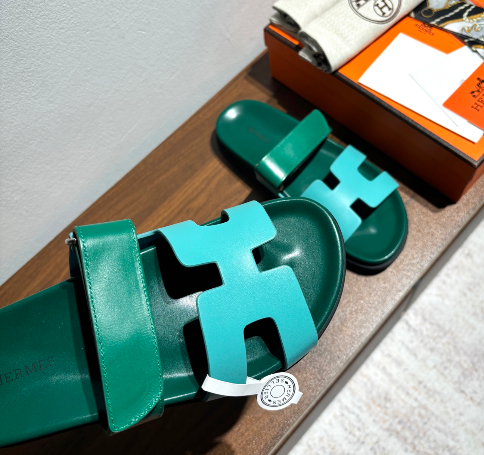 Hermès Chypre Leather Green/Blue Sandal