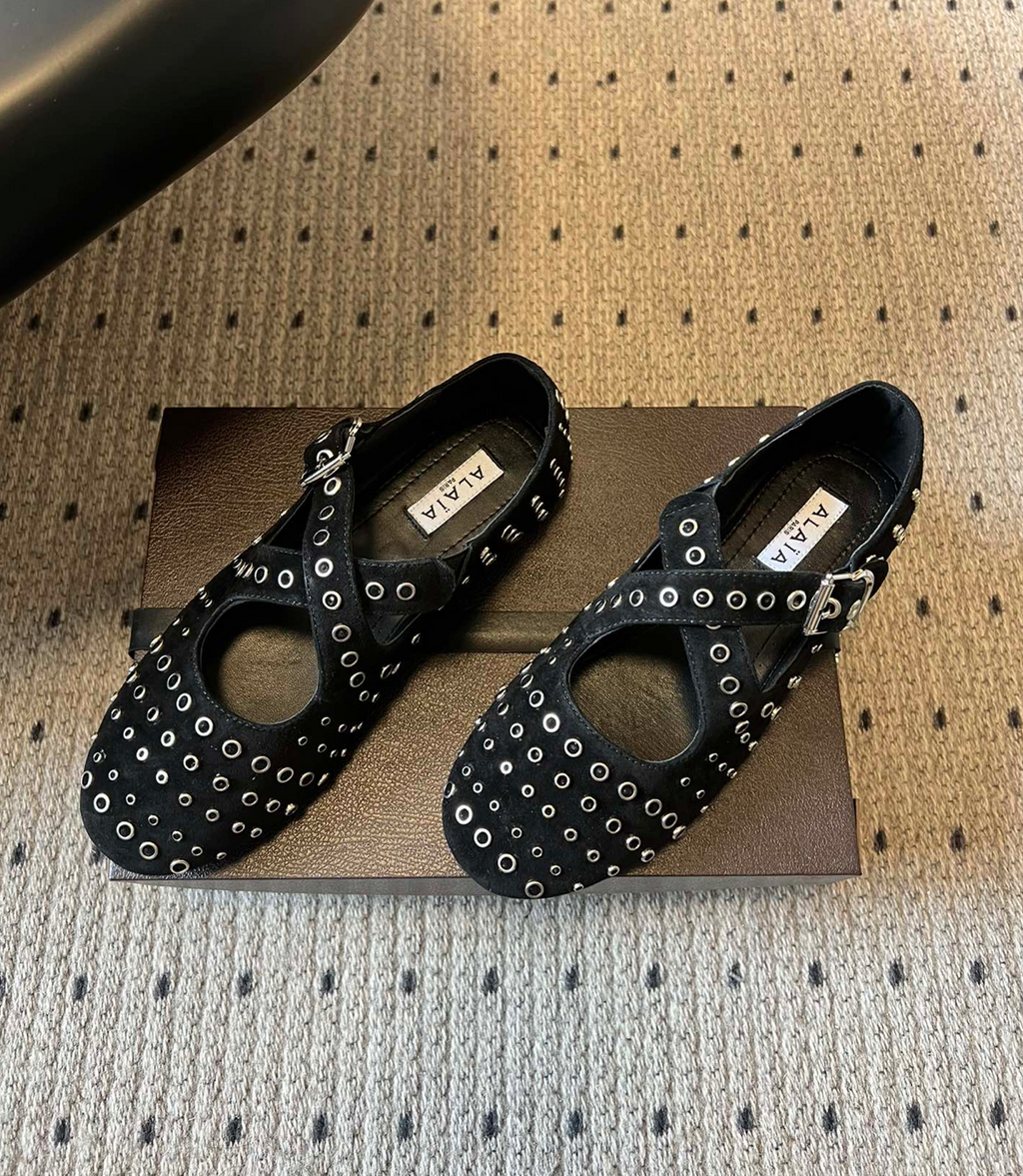 ALAÏA NOIR CRISS CROSS BALLET FLATS SUEDE WITH EYELETS