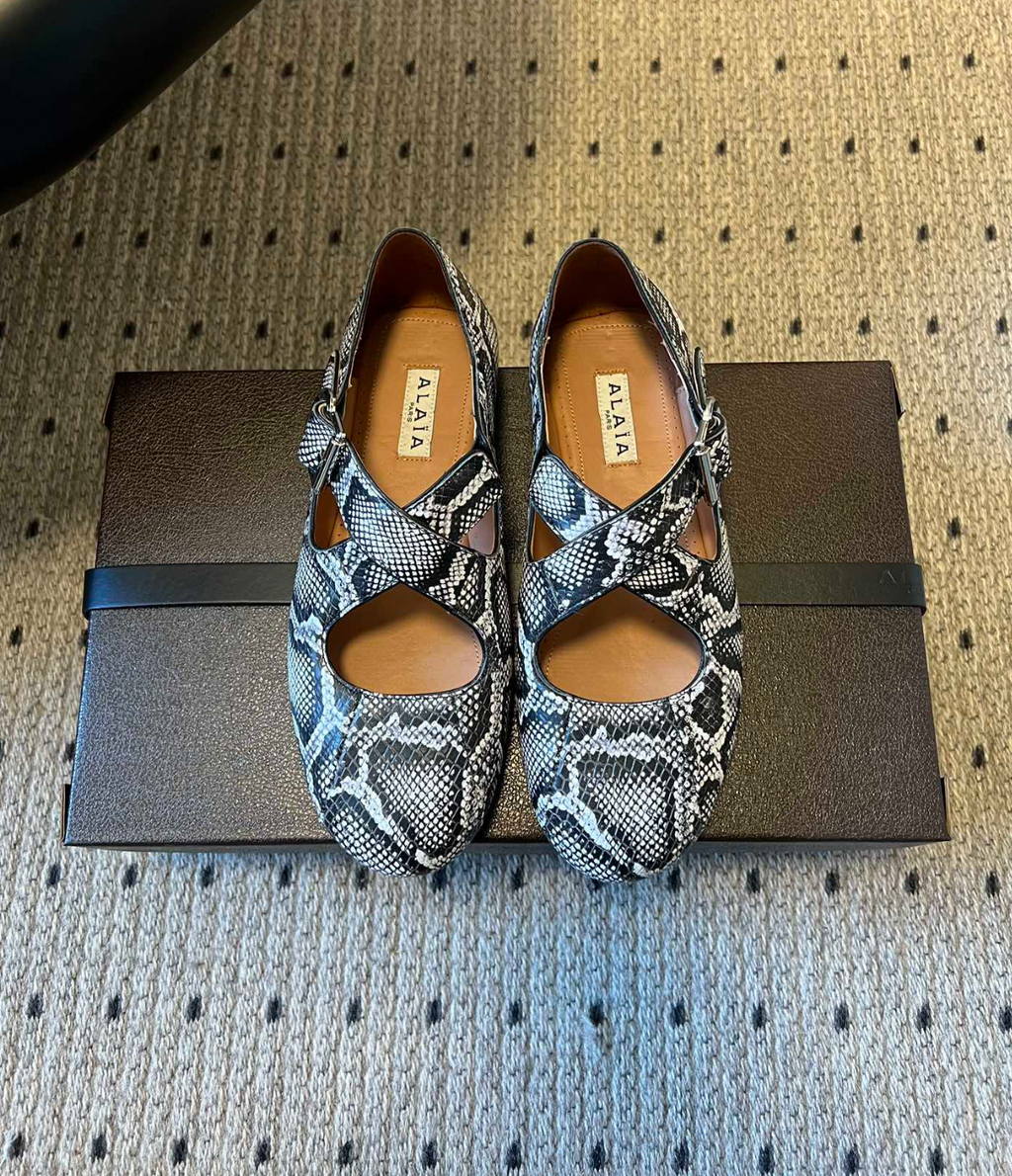 ALAÏA CRISS CROSS SNAKESKIN BALLET FLATS