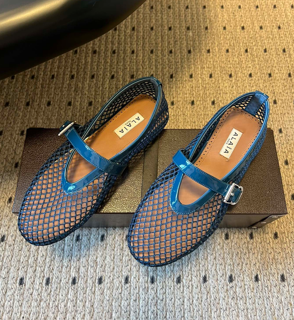 ALAÏA BLUE BALLET FLATS IN FISHNET