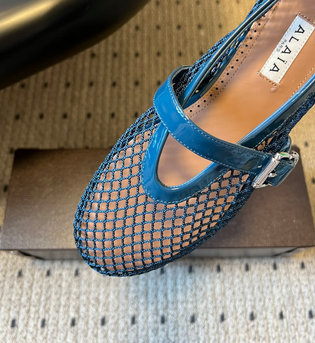 ALAÏA BLUE BALLET FLATS IN FISHNET
