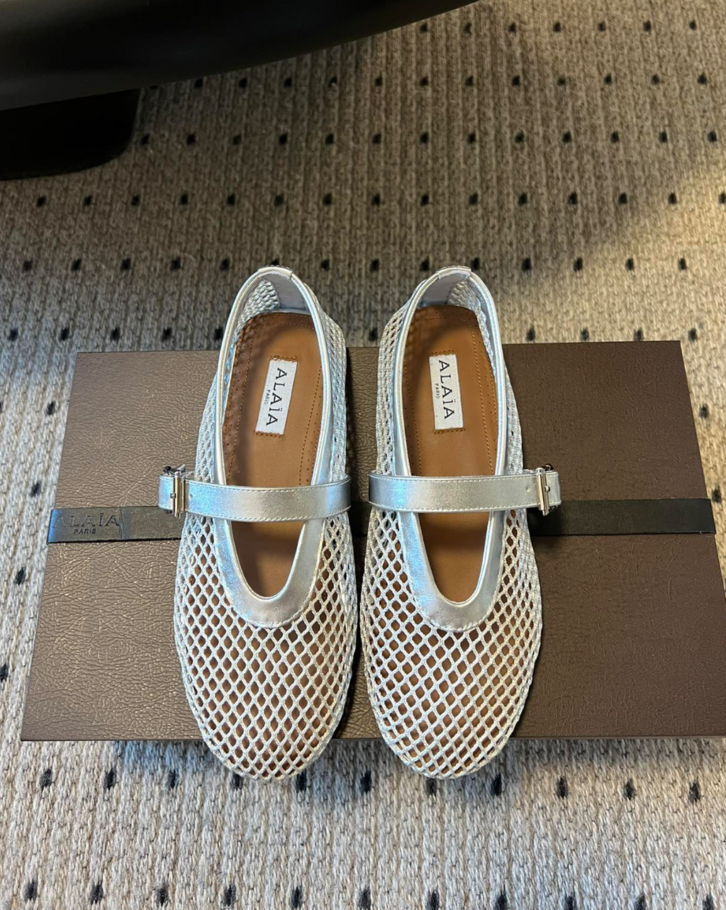 ALAÏA SILVER BALLET FLATS IN FISHNET
