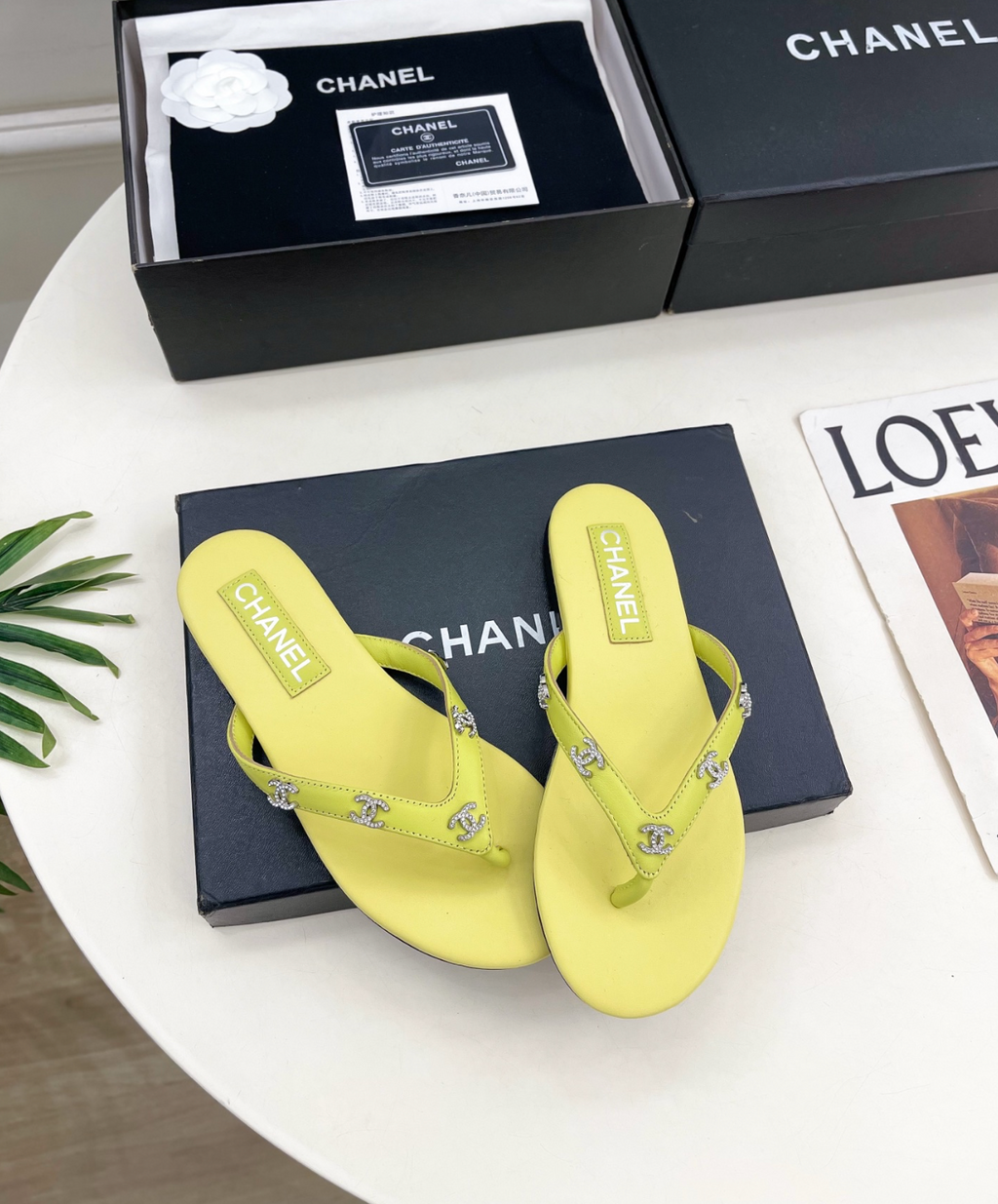 CHANEL Yellow leather rhinestone thong sandals