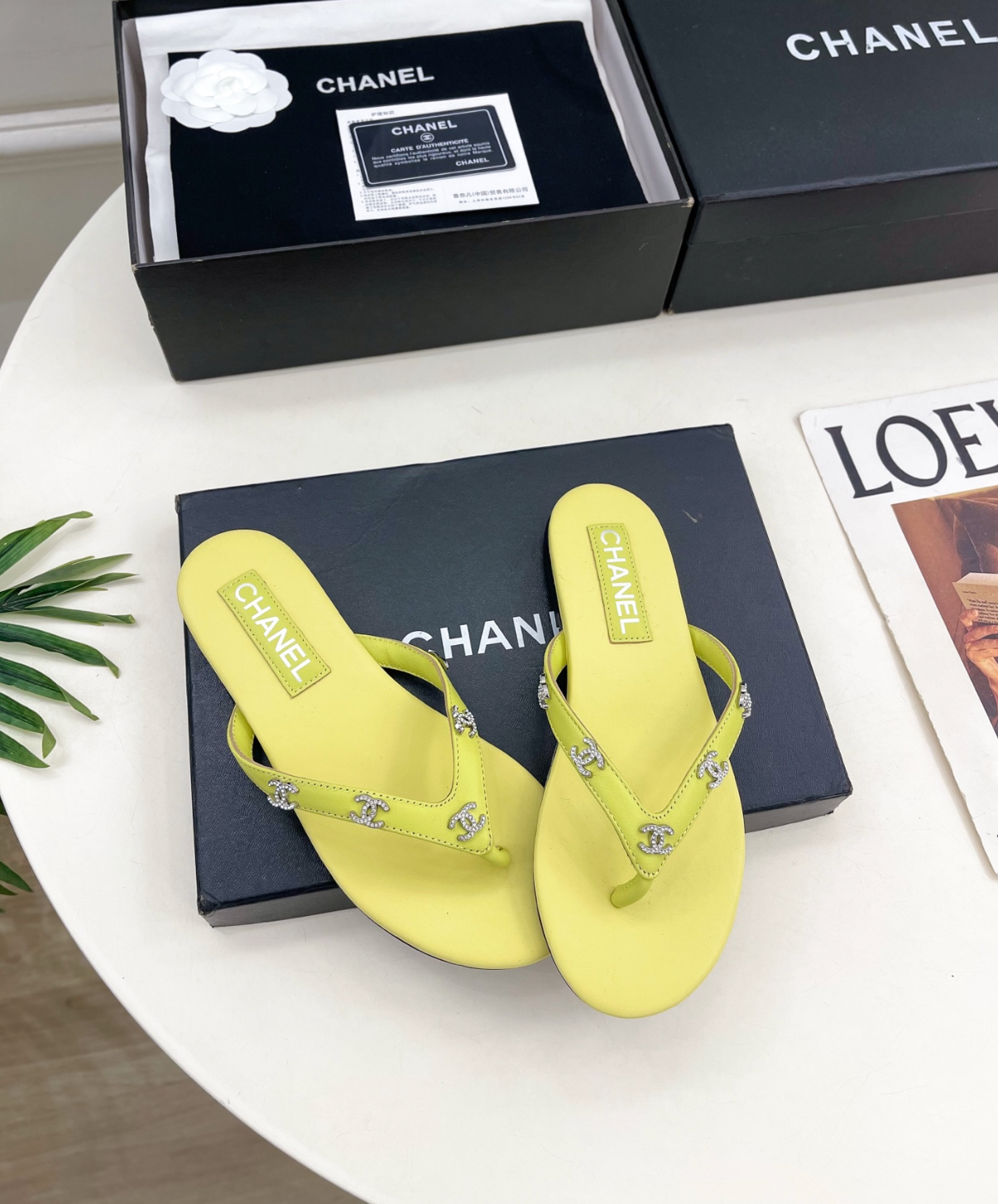 CHANEL Yellow leather rhinestone thong sandals