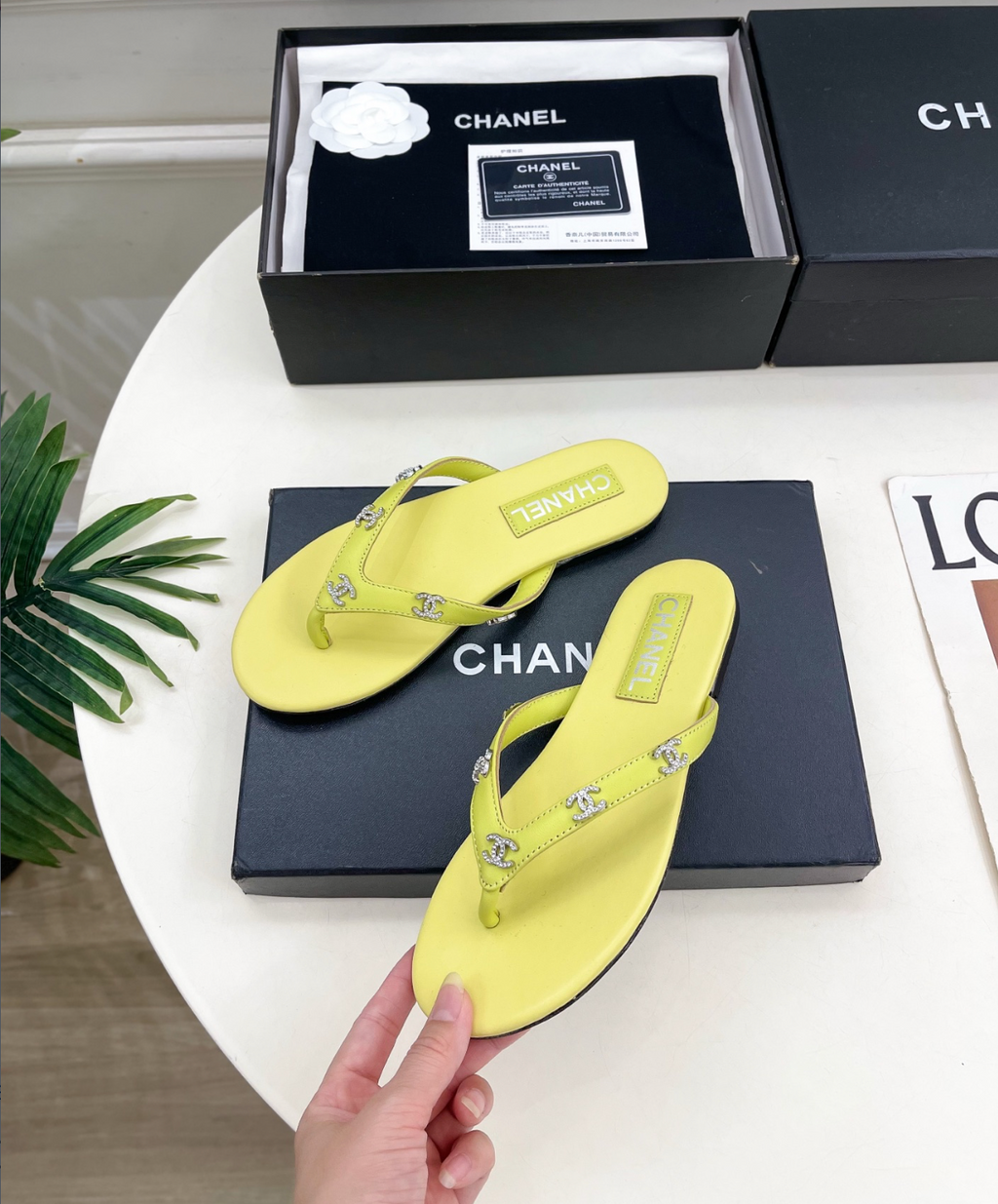 CHANEL Yellow leather rhinestone thong sandals