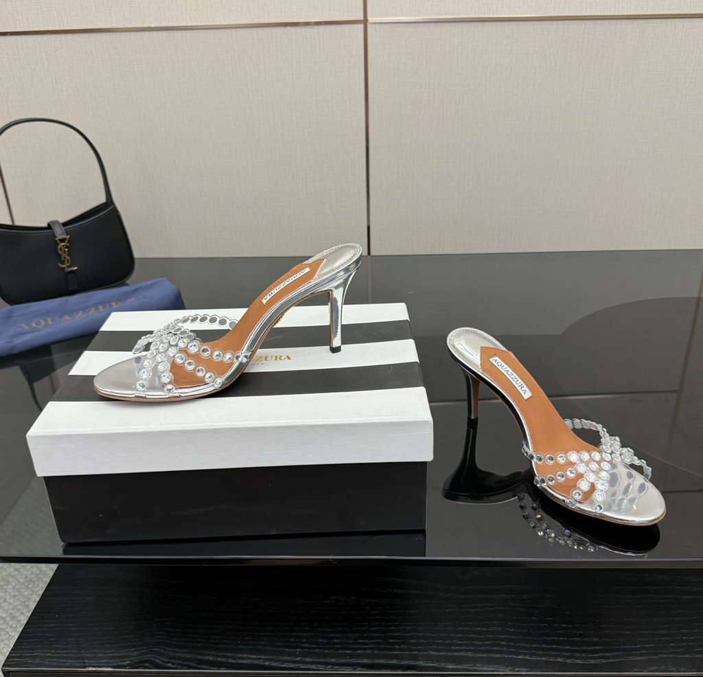 Aquazzura Tequila Silver Crystal Embellished Plexi Mules