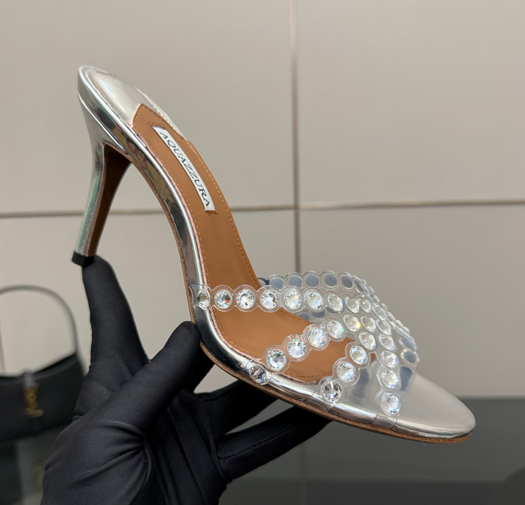 Aquazzura Tequila Silver Crystal Embellished Plexi Mules