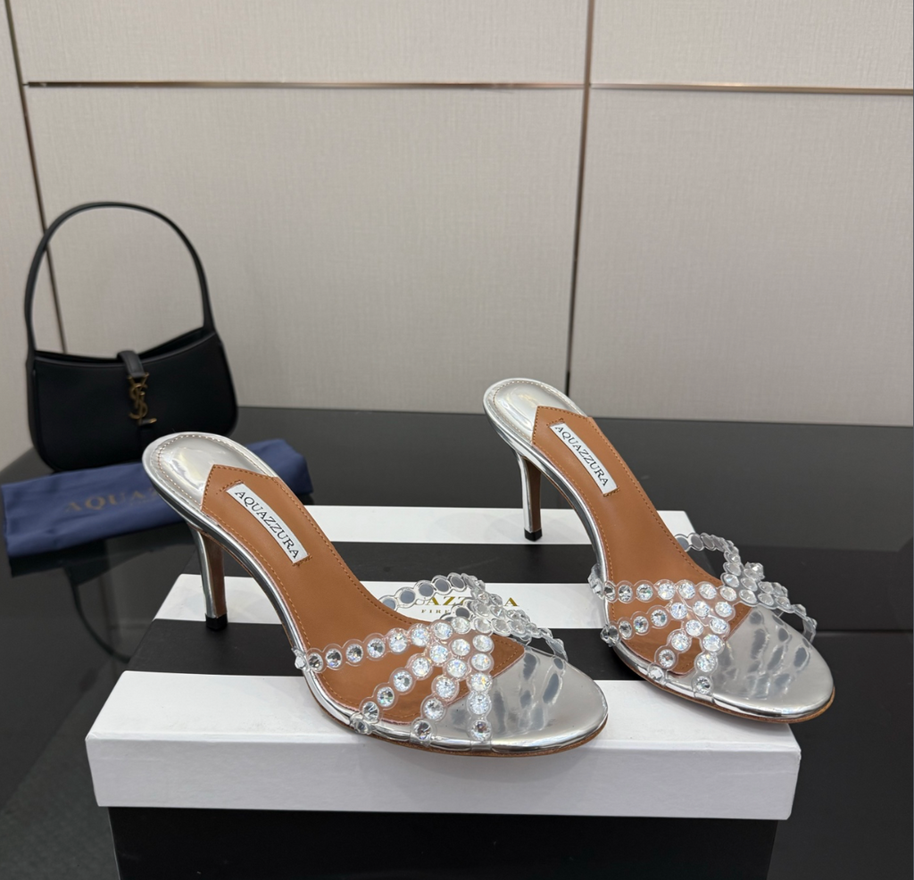 Aquazzura Tequila Silver Crystal Embellished Plexi Mules