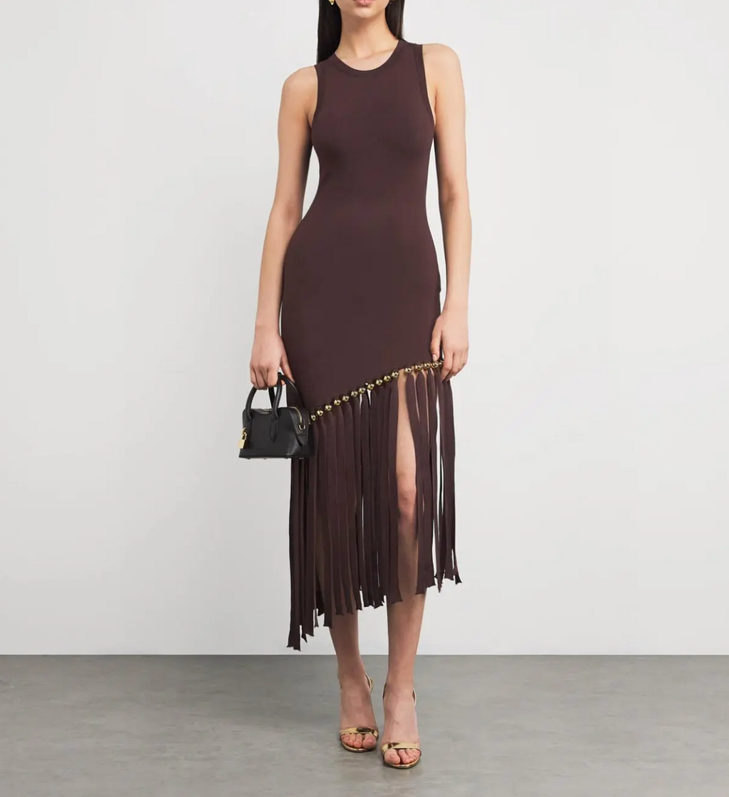 SANDRO Fringe-Trim Midi Dress