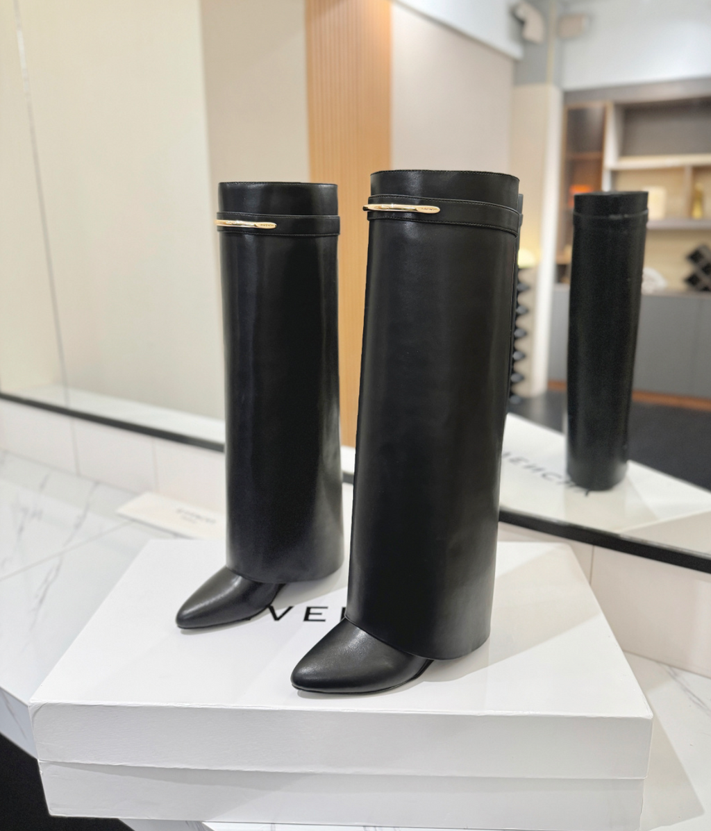 GIVENCHY Shark Leather Knee Boots Ebony