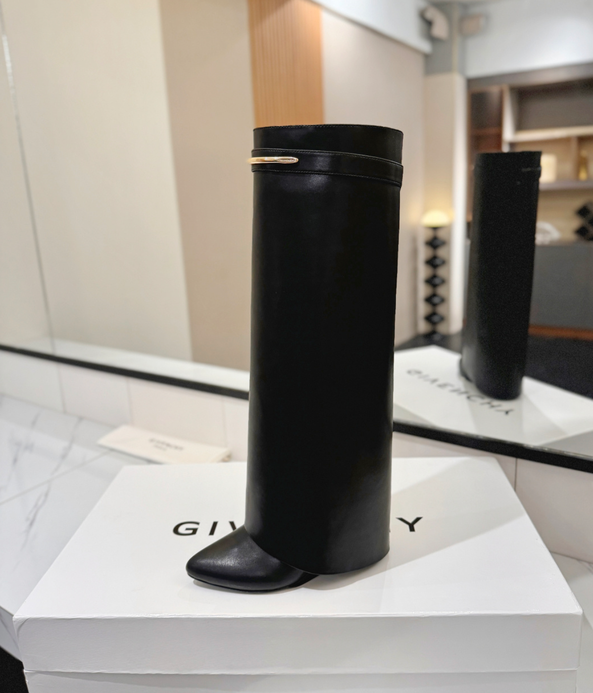 GIVENCHY Shark Leather Knee Boots Ebony