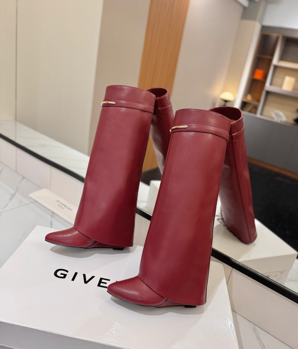 GIVENCHY Shark Leather Knee Boots Burgundy
