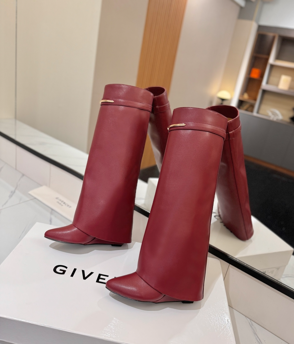 GIVENCHY Shark Leather Knee Boots Burgundy