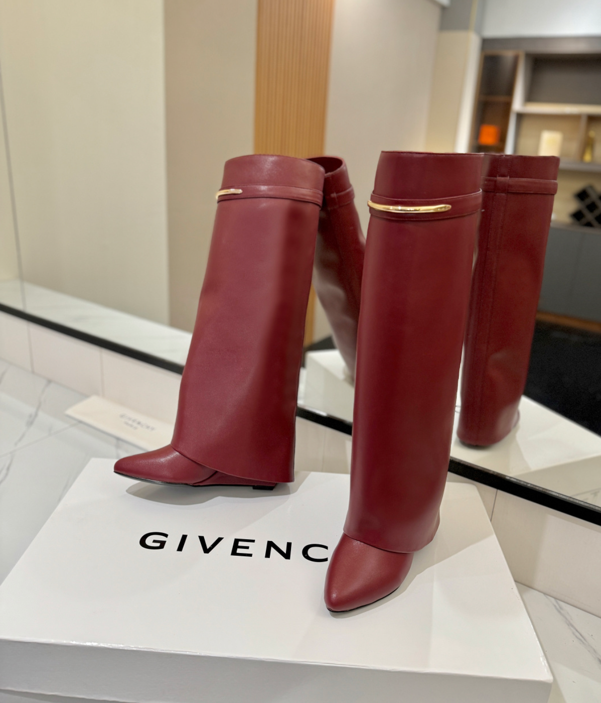 GIVENCHY Shark Leather Knee Boots Burgundy