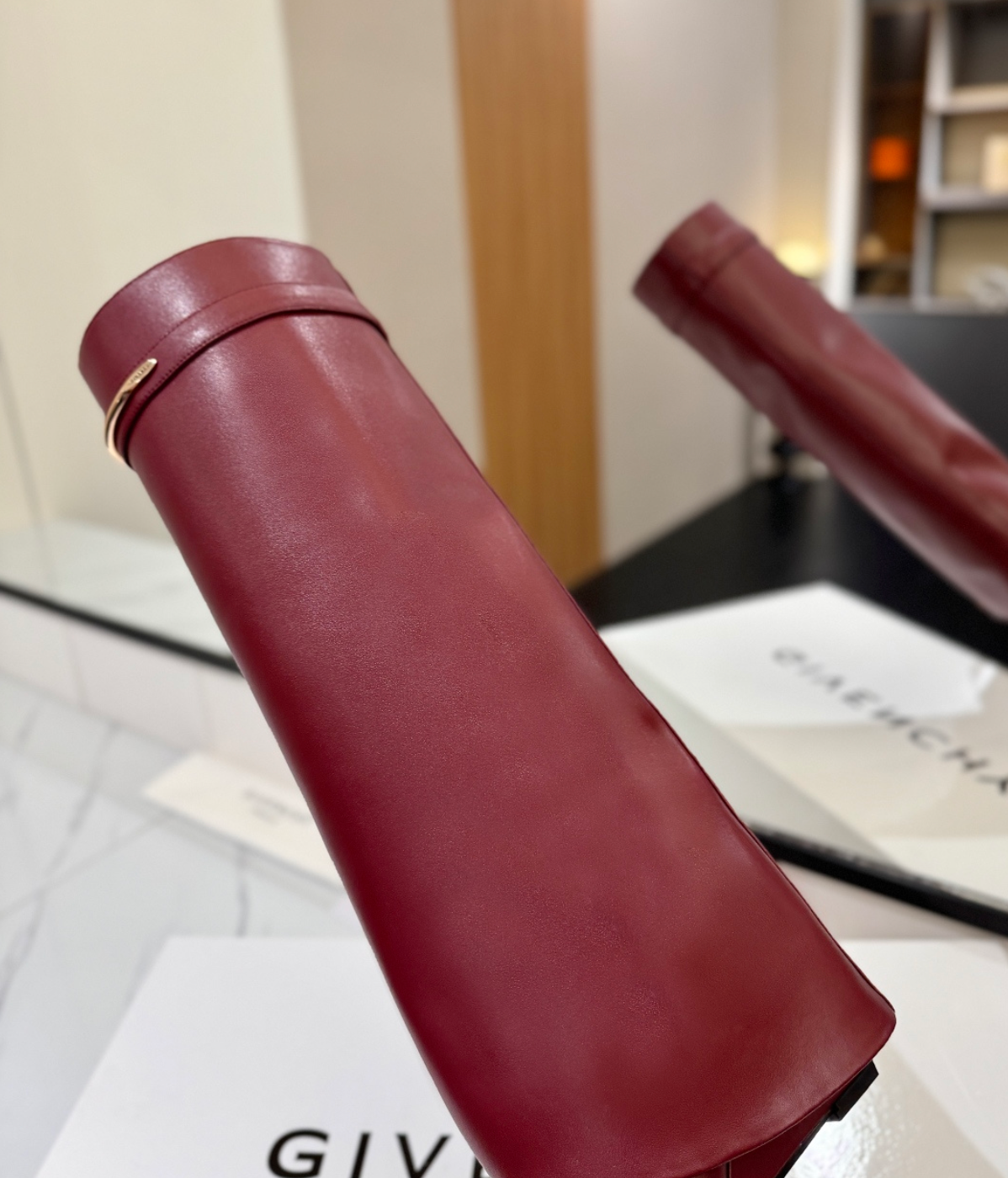 GIVENCHY Shark Leather Knee Boots Burgundy