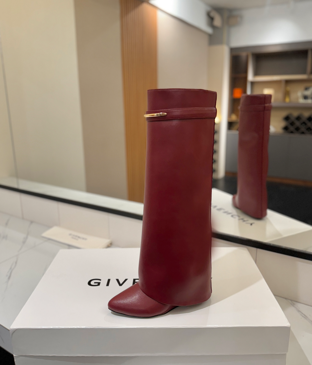 GIVENCHY Shark Leather Knee Boots Burgundy