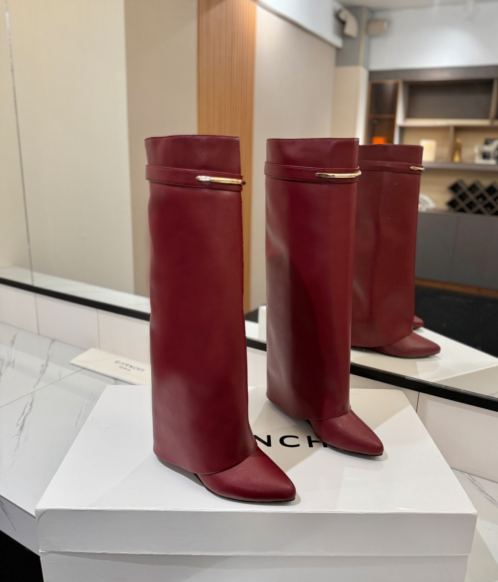 GIVENCHY Shark Leather Knee Boots Burgundy