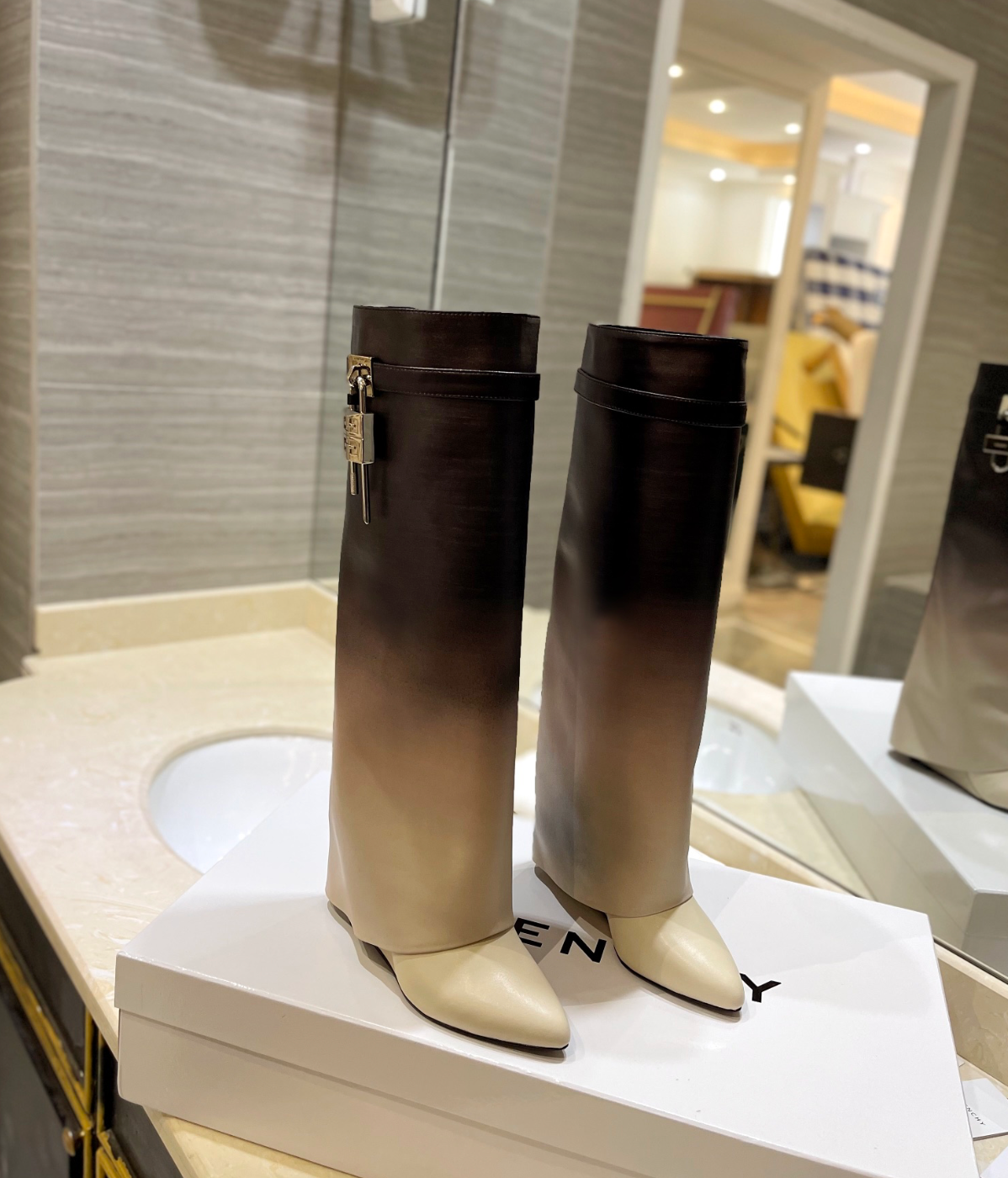 GIVENCHY Shark Lock Boots In Leather In Brown/beige