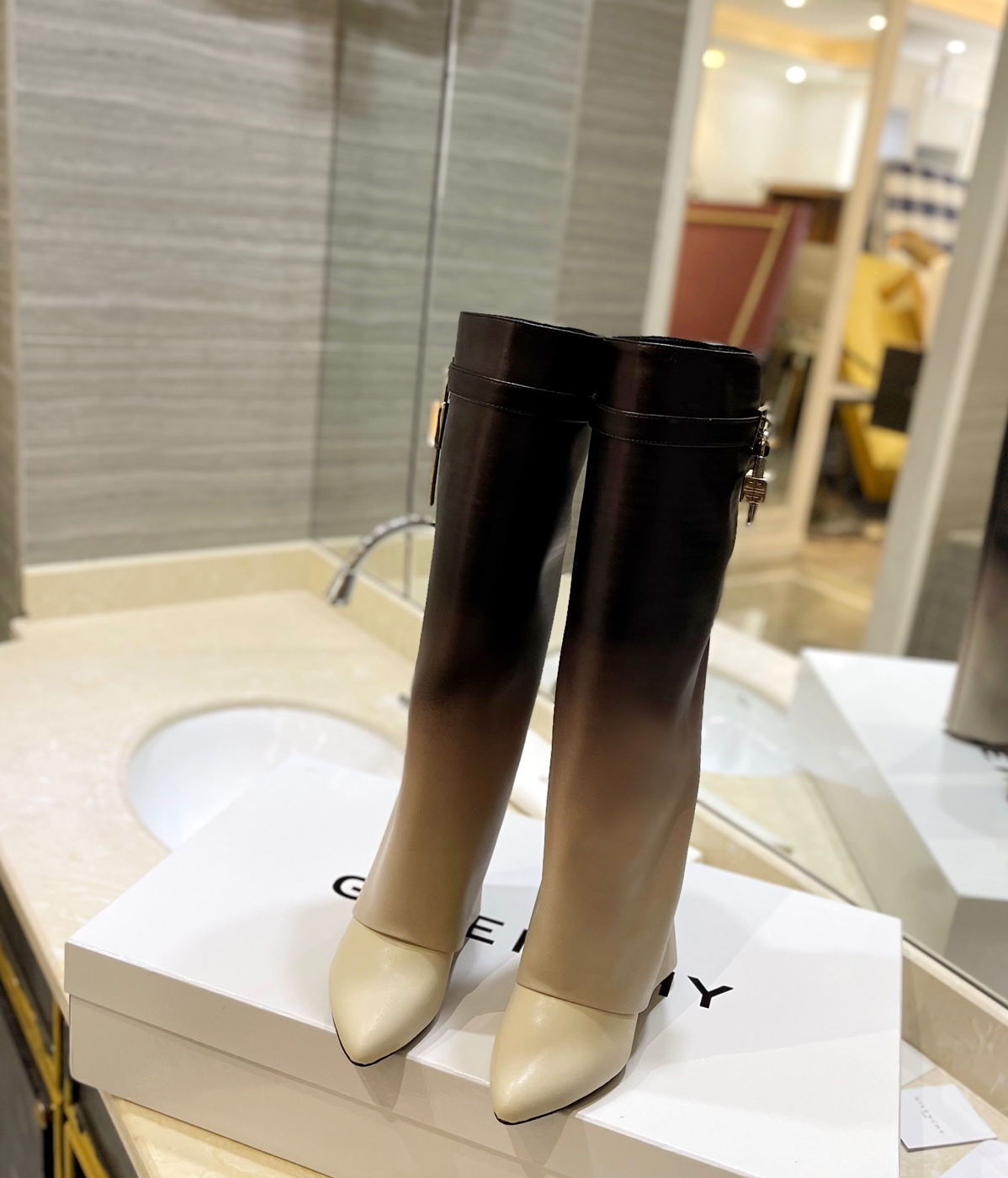 GIVENCHY Shark Lock Boots In Leather In Brown/beige