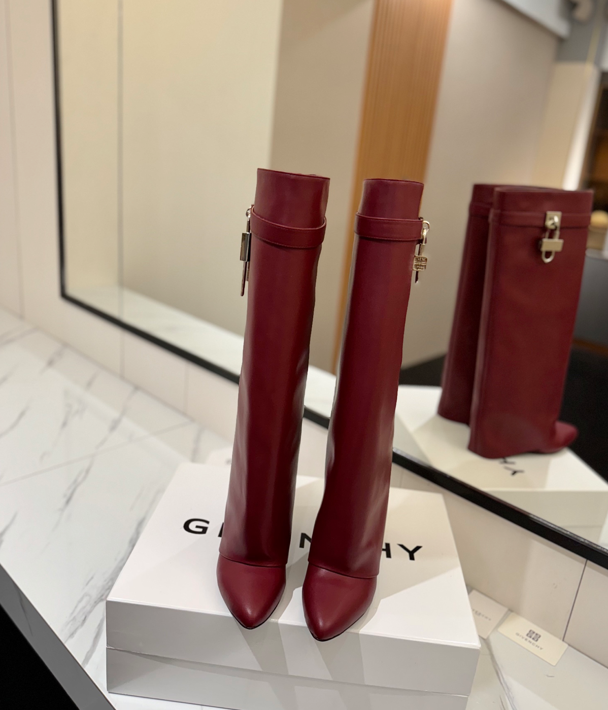 GIVENCHY Shark Lock Boots In Leather In Burgundy