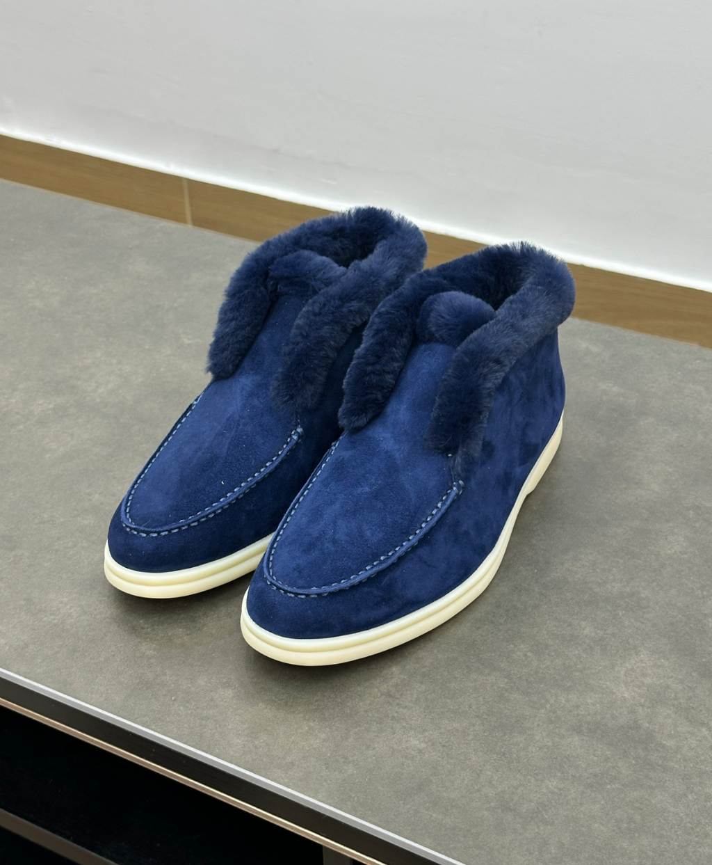 Open Walk Ankle Boot Furr Navy Blue Suede
