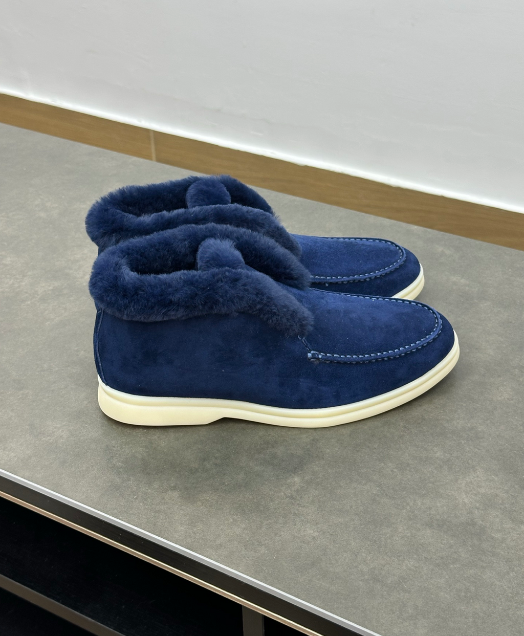 Open Walk Ankle Boot Furr Navy Blue Suede