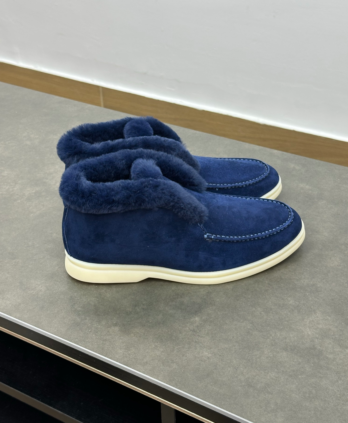 Open Walk Ankle Boot Furr Navy Blue Suede