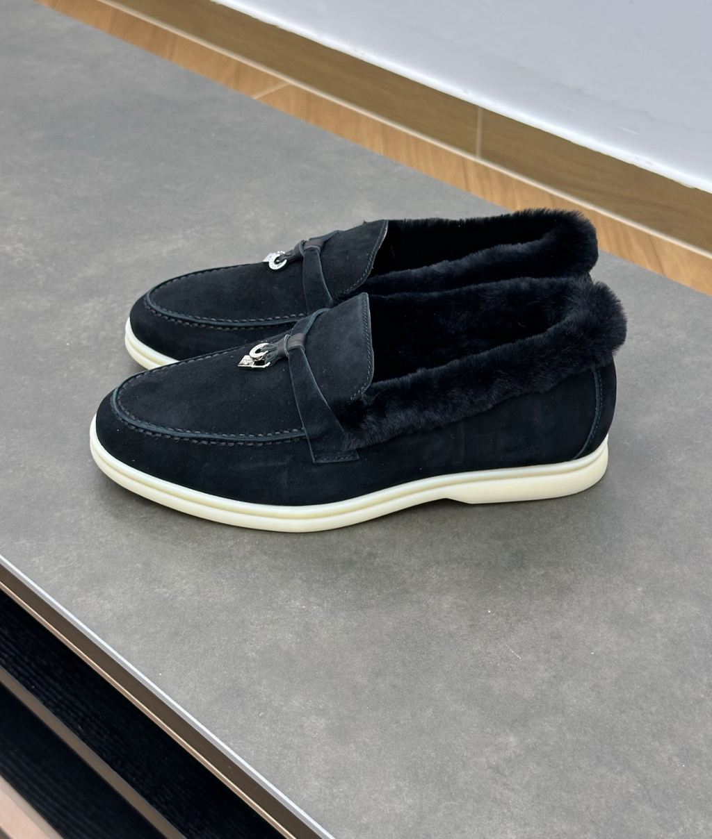 Summer Charms Walk Black Fur Loafer Suede