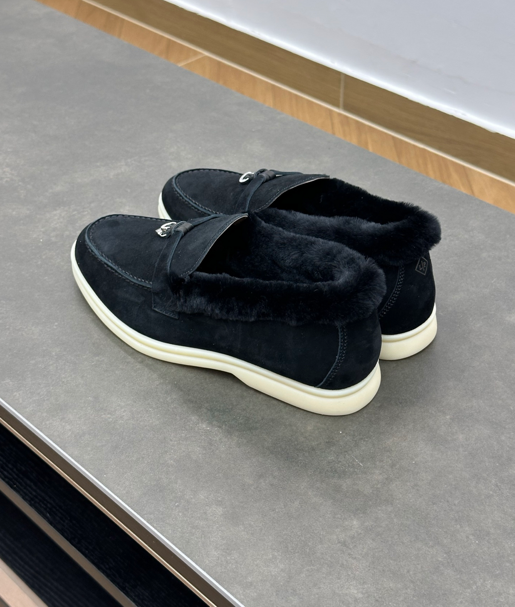 Summer Charms Walk Black Fur Loafer Suede