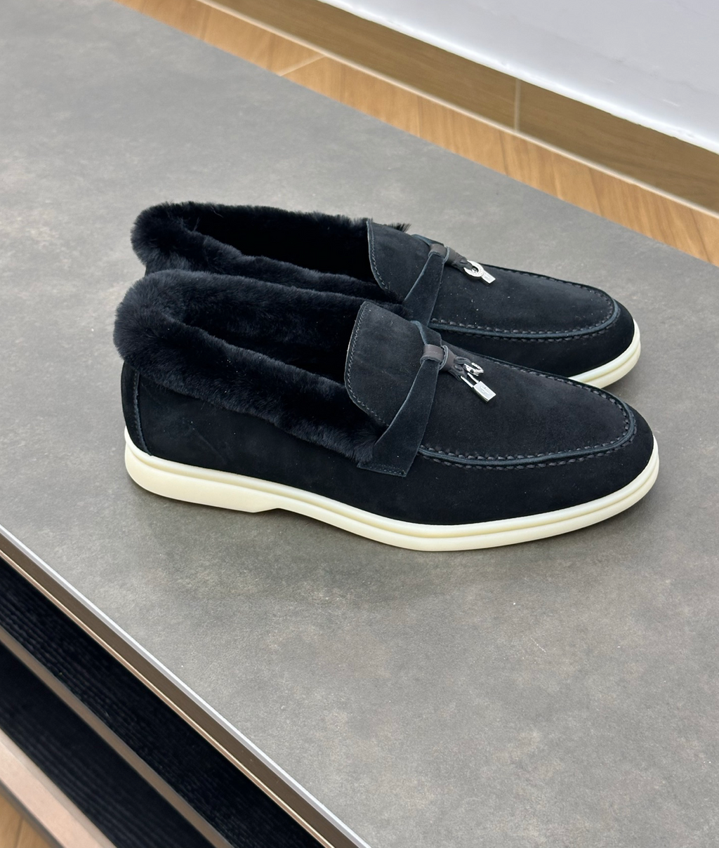 Summer Charms Walk Black Fur Loafer Suede