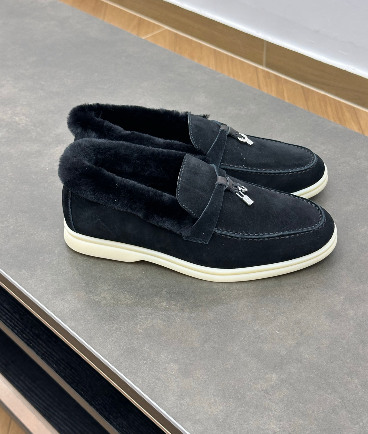 Summer Charms Walk Black Fur Loafer Suede