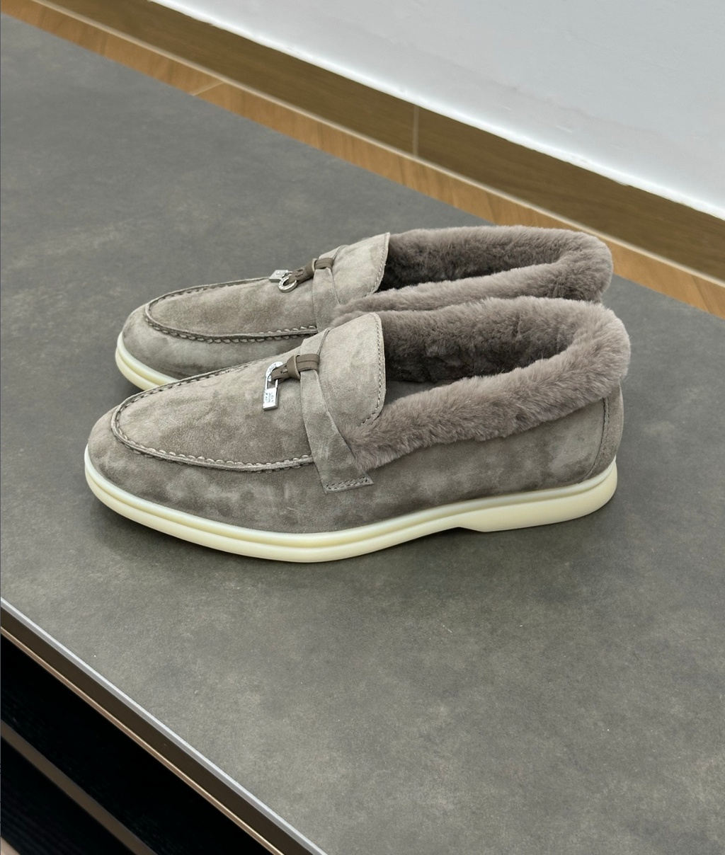 Summer Charms Walk Grey Fur Loafer Suede