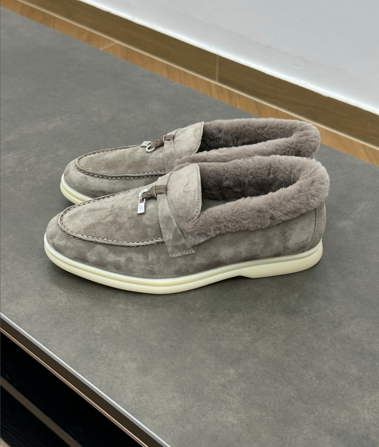 Summer Charms Walk Grey Fur Loafer Suede