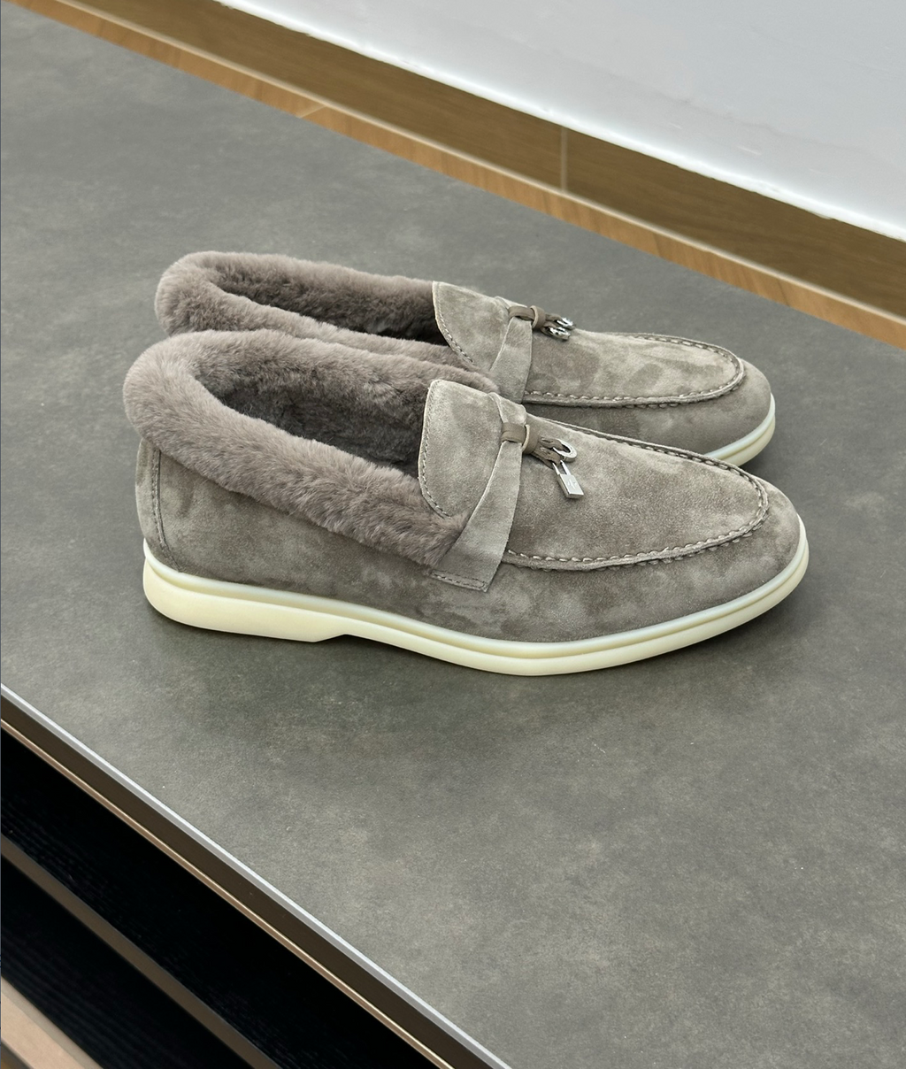 Summer Charms Walk Grey Fur Loafer Suede