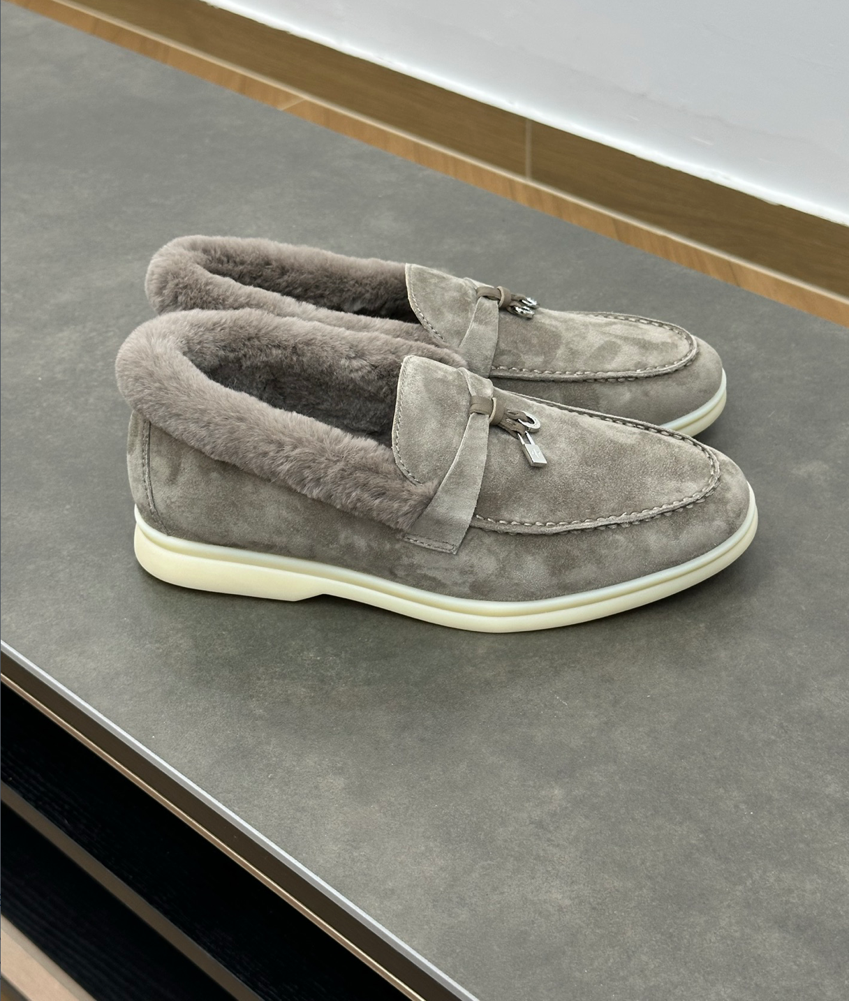Summer Charms Walk Grey Fur Loafer Suede