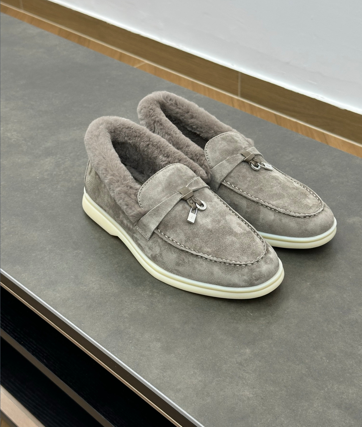Summer Charms Walk Grey Fur Loafer Suede