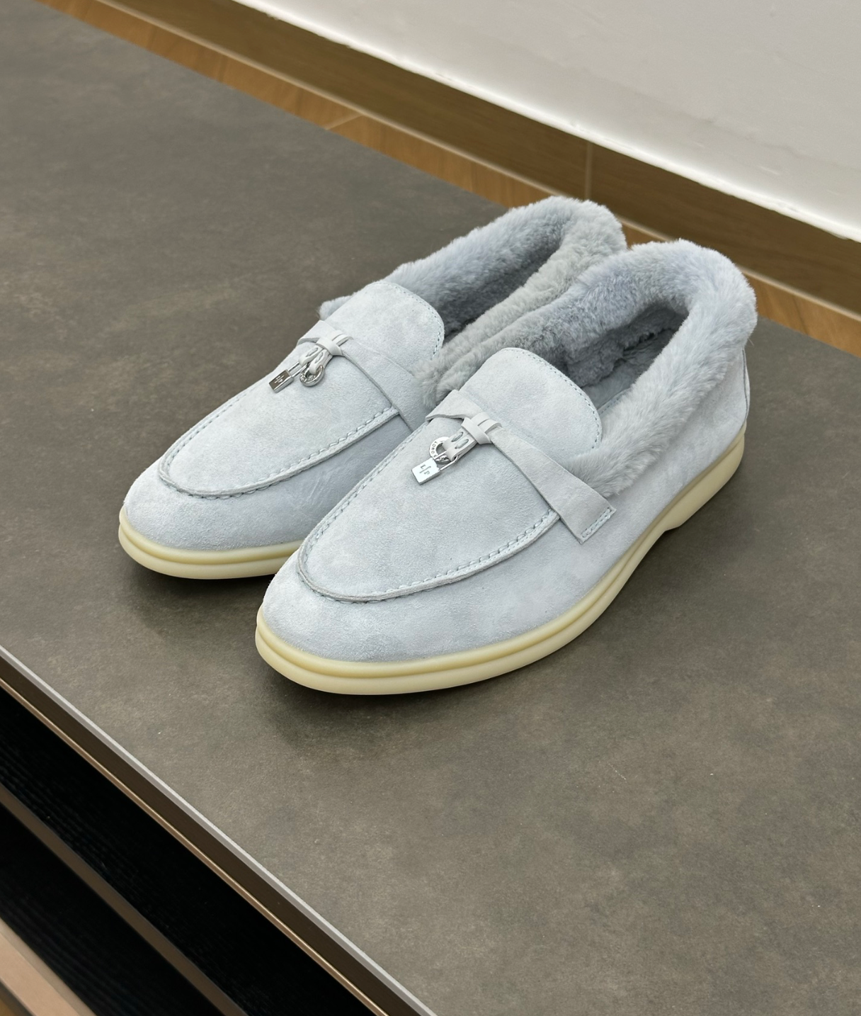 Summer Charms Walk Sky Blue Fur Loafer Suede