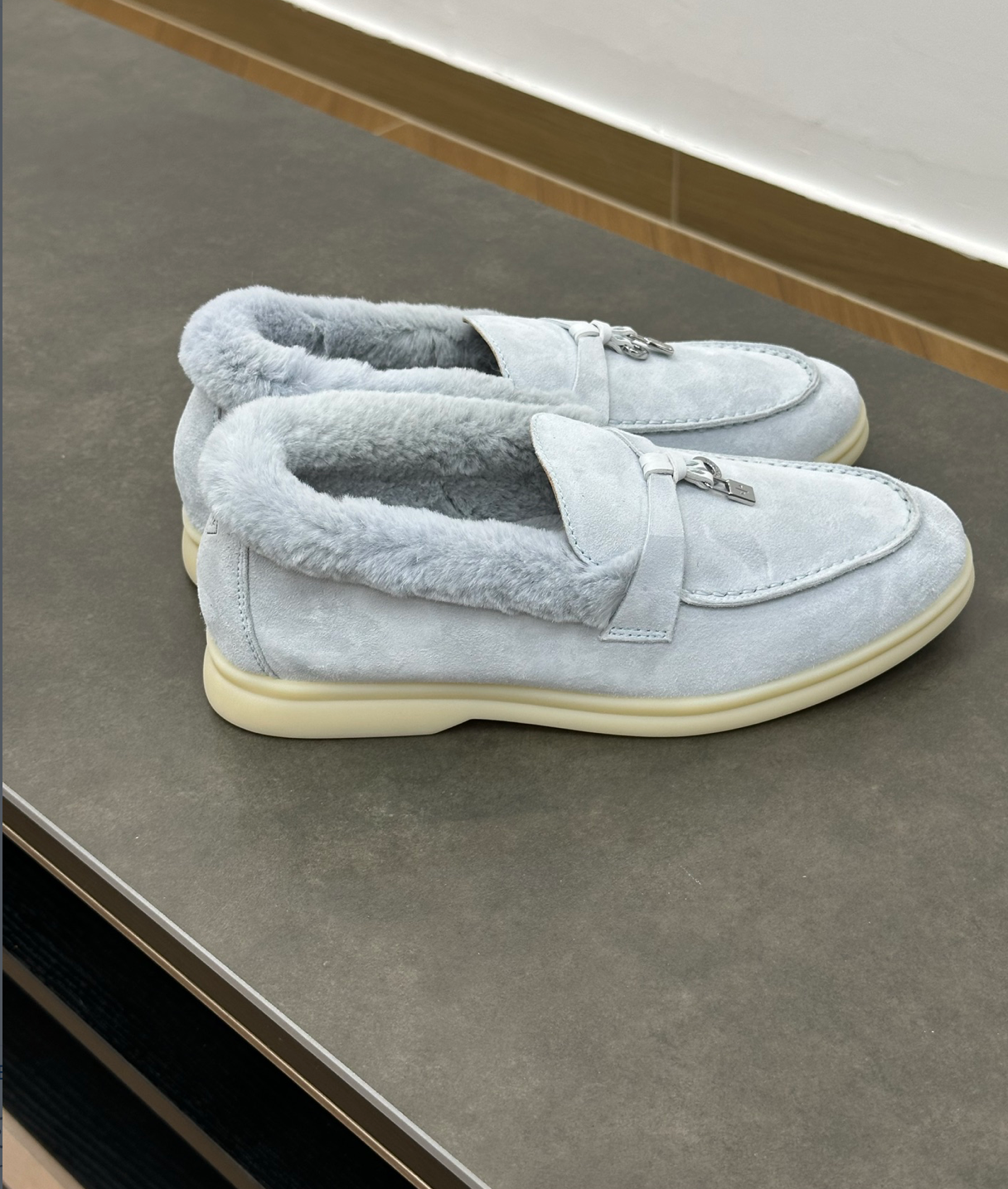 Summer Charms Walk Sky Blue Fur Loafer Suede