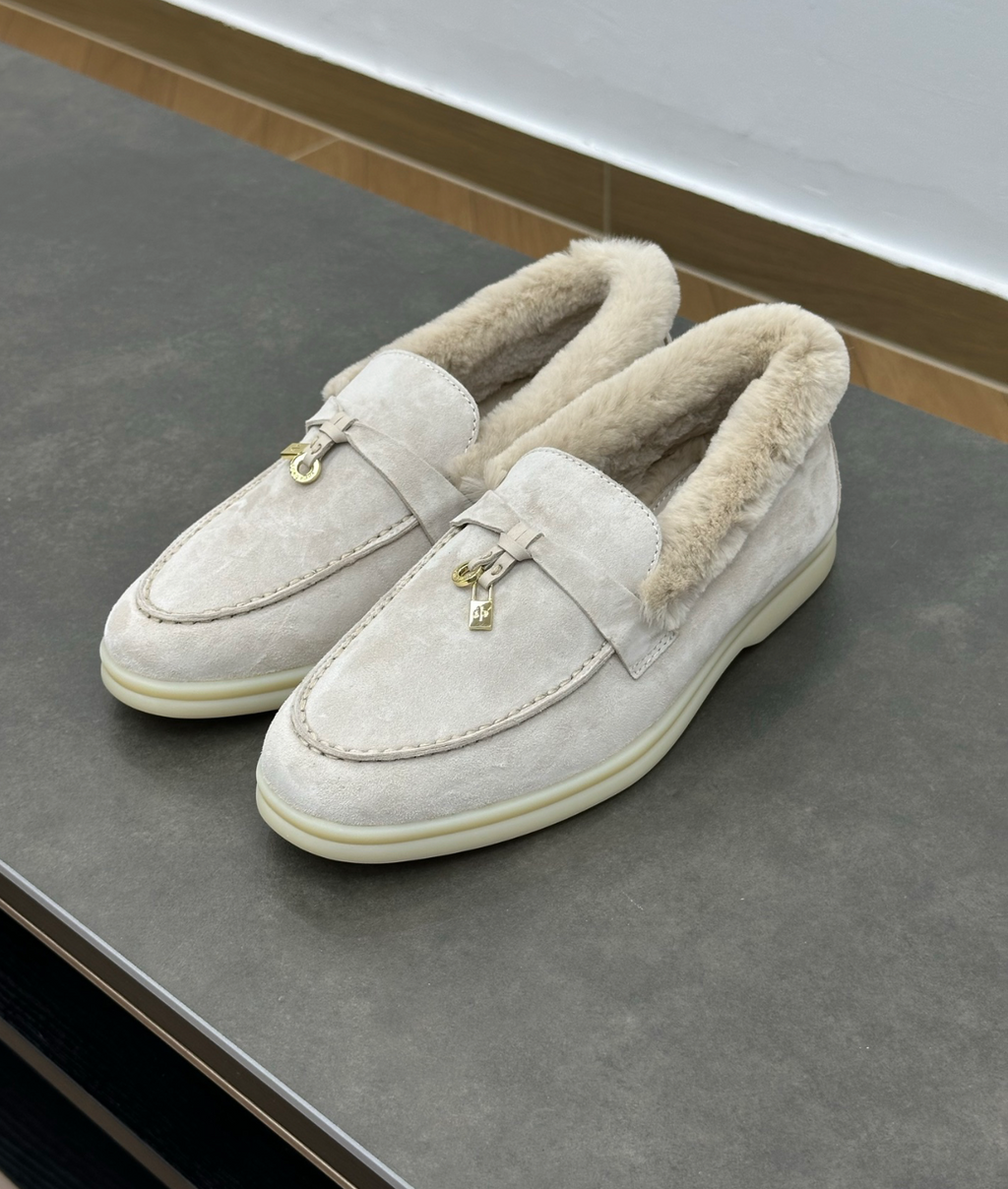 Summer Charms Walk Beige Fur Loafer Suede