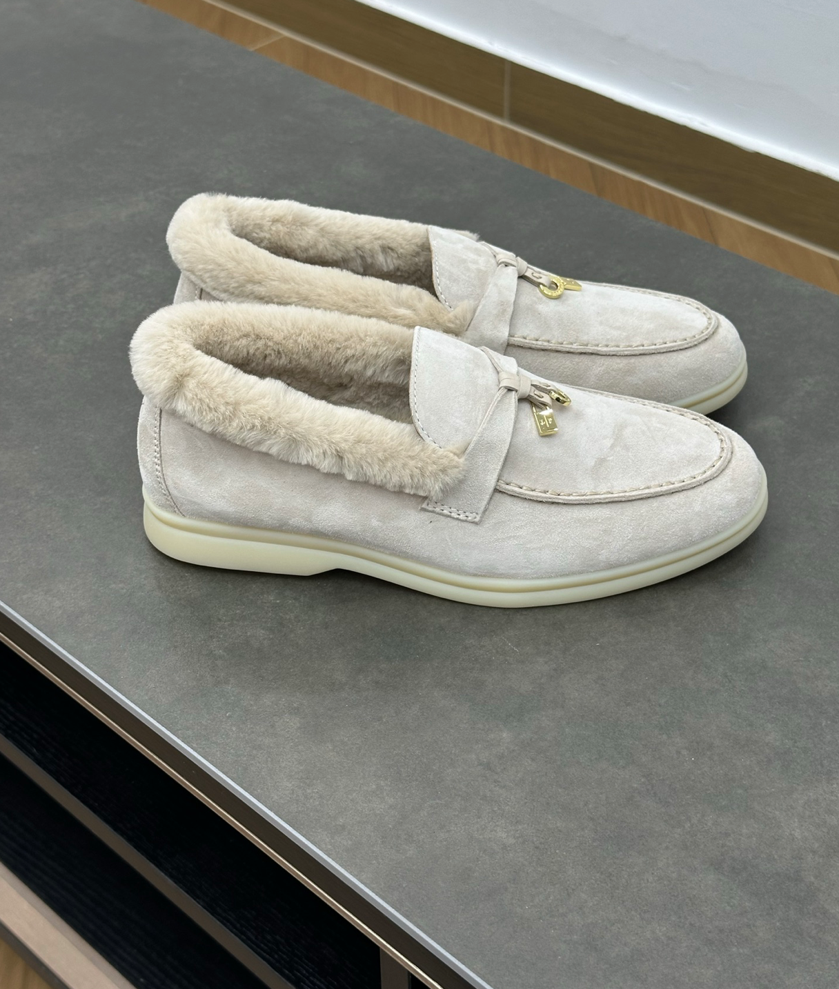 Summer Charms Walk Beige Fur Loafer Suede