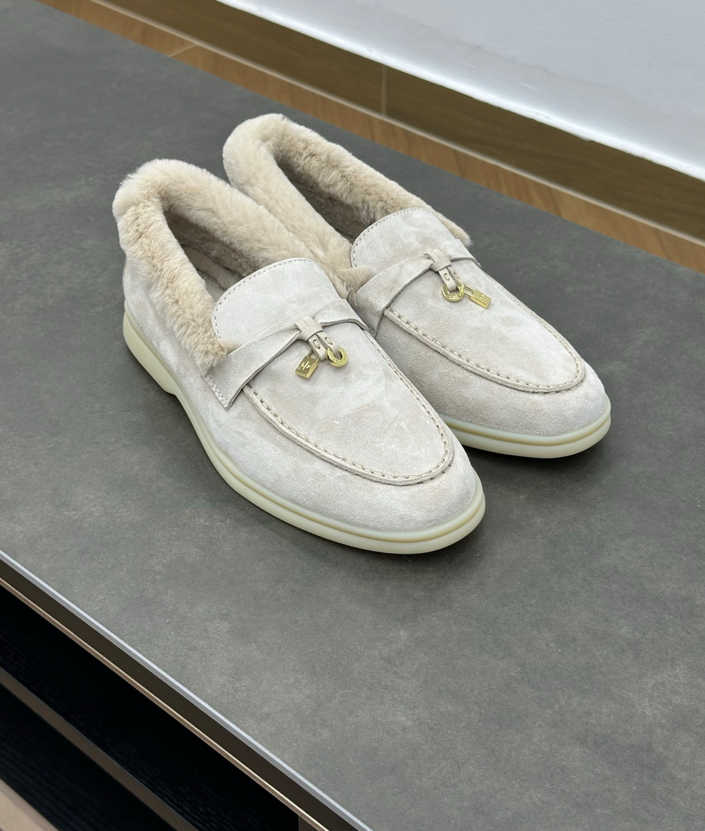 Summer Charms Walk Beige Fur Loafer Suede